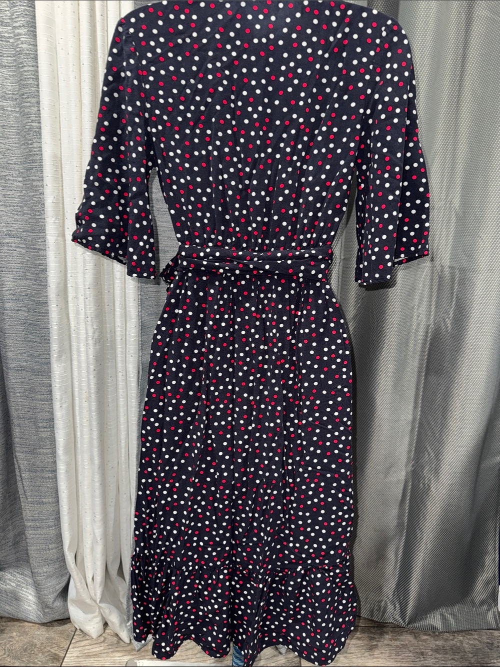 ZARA- Navy Polka Dot Wrap Midi Dress Size: XS - Picture 12 of 15